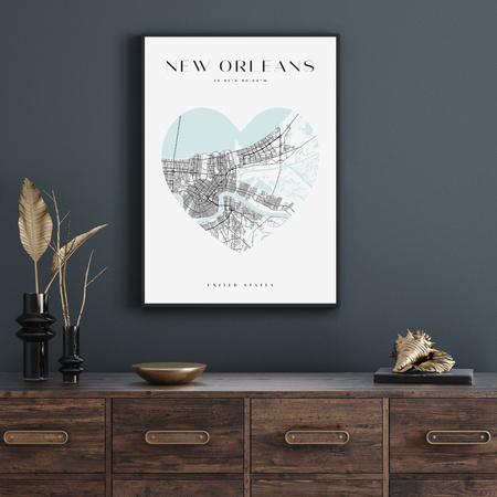 Poster New Orleans city map heart 40X50 cm + gold frame
