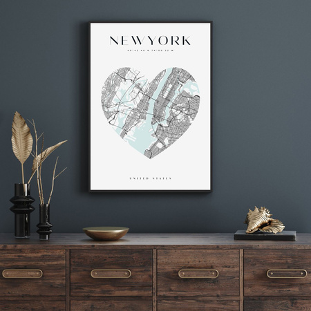 Poster New York city map heart 40X50 cm + gold frame