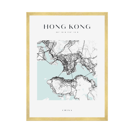 Poster Hong Kong city map square 40X50 cm + gold frame