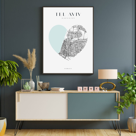 Poster Tel Aviv city map heart 40X50 cm + gold frame