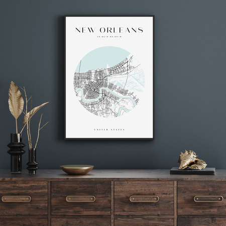Poster Map of the city of New Orleans circle 40X50 cm + gold frame