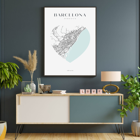 Poster Barcelona city map heart 40X50 cm + gold frame