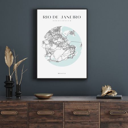 Poster Map of Rio De Janeiro city circle 40X50 cm + gold frame