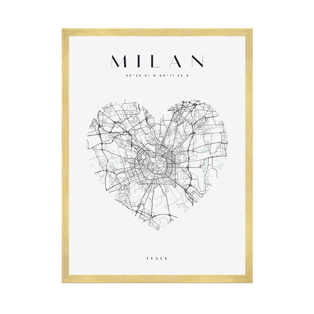 Poster Milan city map heart 40X50 cm + gold frame