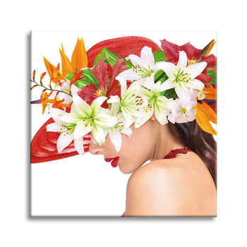 Canvas Print Woman Flowers Spring Hat 90X90 cm