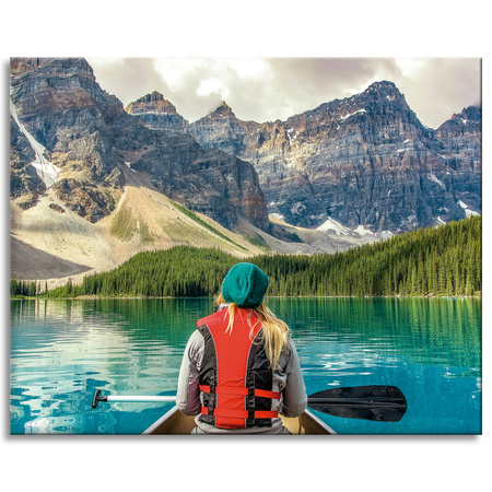Canvas Print Girl in Kayak Mountains Lakes Nature 100x80 cm
