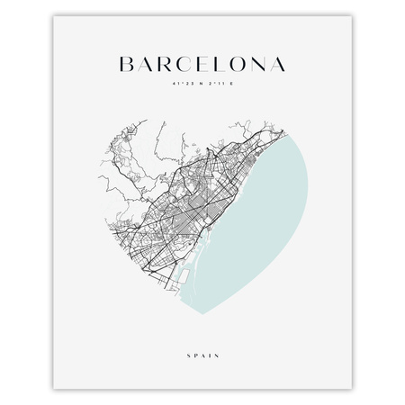 Poster Barcelona city map heart 40X50 cm + gold frame