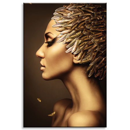 Canvas Print Pensive Woman Golden Colors Feathers 80x120 cm