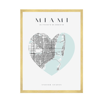 Poster Miami city map heart 40X50 cm + gold frame