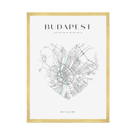 Poster Budapest city map heart 40X50 cm + gold frame
