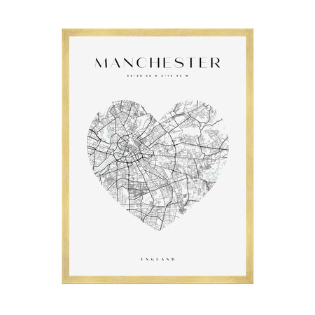 Poster Manchester city map heart 40X50 cm + gold frame