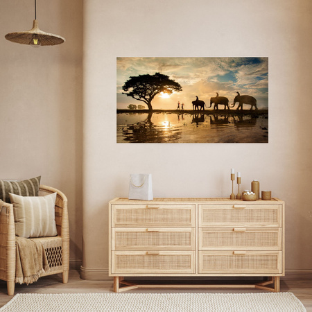 Canvas Print People on Elephants Sunset Africa Savannah 100x80 cm