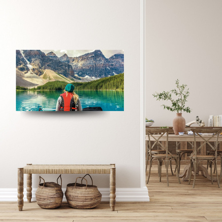 Canvas Print Girl in Kayak Mountains Lakes Nature 100x80 cm