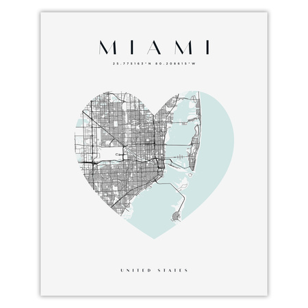 Poster Miami city map heart 40X50 cm + gold frame