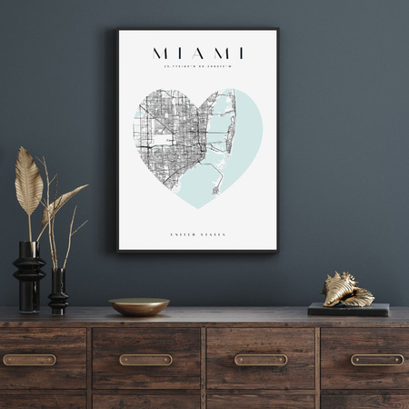 Poster Miami city map heart 40X50 cm + gold frame