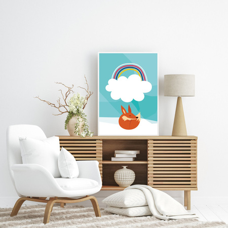 Children's fox rainbow poster 50X70 cm + gold frame