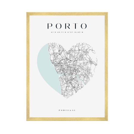Poster Porto city map heart 40X50 cm + gold frame