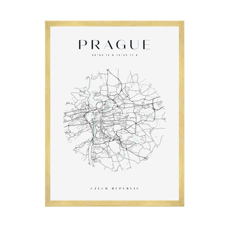 Poster Map of Prague city circle 40X50 cm + gold frame