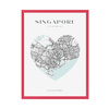 Poster Singapore city map heart 24X30 cm + amaranth frame
