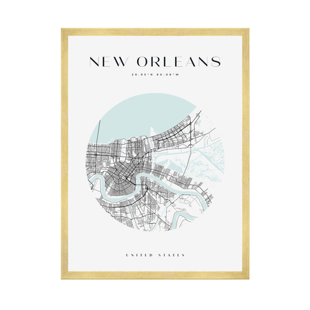 Poster Map of the city of New Orleans circle 40X50 cm + gold frame