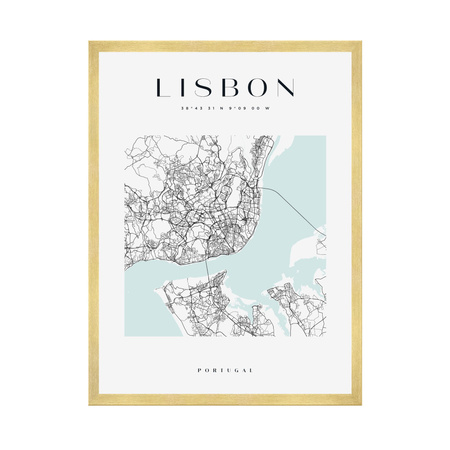 Poster Lisbon city map square 40X50 cm + gold frame