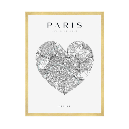 Poster Map of the city of Paris heart 40X50 cm + gold frame