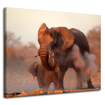 Canvas Print Elephants Orange Sky Smoke Art 100x80 cm