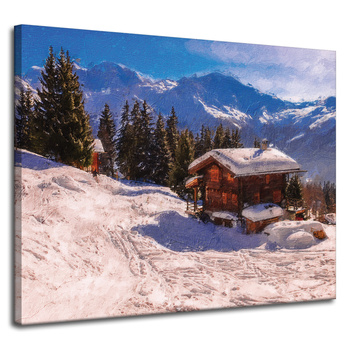 Canvas Print Cottage in the Snowy Mountains Winter 100x80 cm