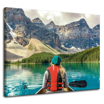 Canvas Print Girl in Kayak Mountains Lakes Nature 100x80 cm