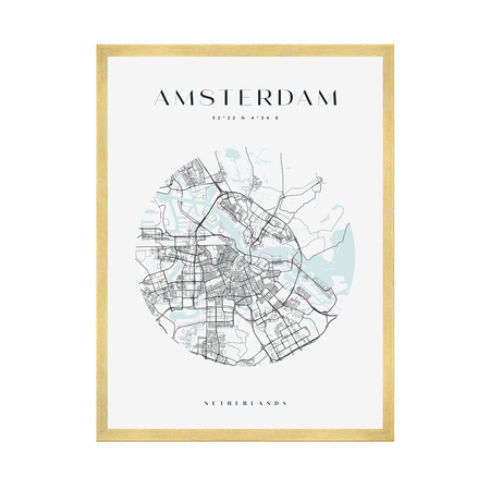 Poster Amsterdam city map circle 40X50 cm + gold frame