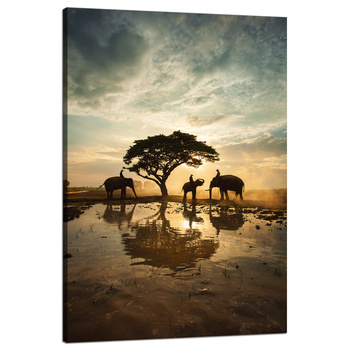 Canvas Print People on Elephants at Sunset 80x120 cm