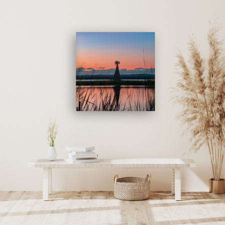 Canvas Print Windmill Sky Nature Sunset Lake Grass 90x90