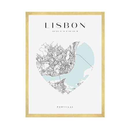 Poster Lisbon city map heart 40X50 cm + gold frame