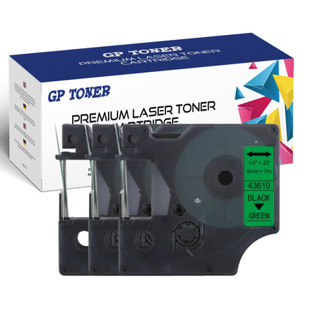 3x DYMO D1 6mm 7m Green/Black Tape GP-DY43619 x3