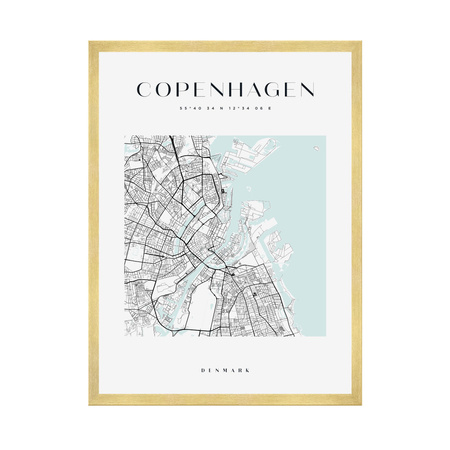 Poster Map of Copenhagen square 40X50 cm + gold frame