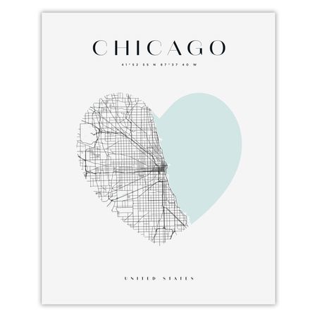 Poster Chicago map heart 40X50 cm + gold frame