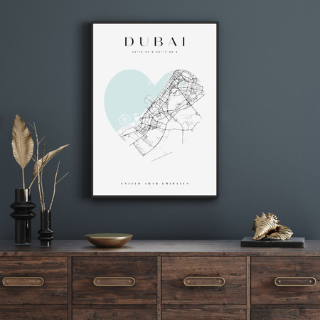 Poster Dubai city map heart 40X50 cm + gold frame