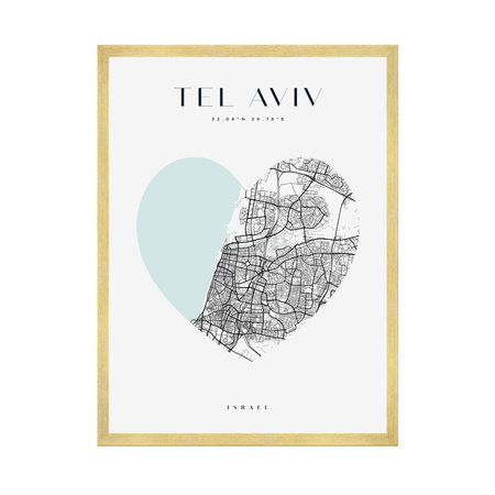 Poster Tel Aviv city map heart 40X50 cm + gold frame