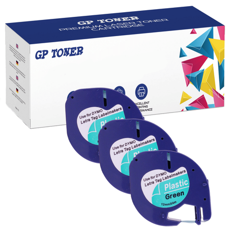 3x Dymo LetraTag 59425 Tape 12mm x 4m Green Plastic - replacement GP-DY59425 x3