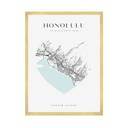 Poster Honolulu city map heart 40X50 cm + gold frame