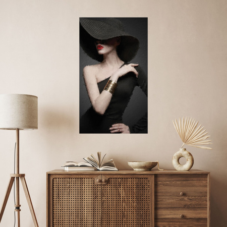 Canvas Print Elegant Woman Black Hat Red Lips 80x100 cm