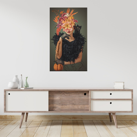 Canvas Print Lady with Cat Flowers Black 80x120 cm
