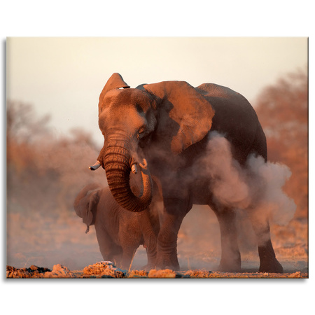 Canvas Print Elephants Orange Sky Smoke Art 100x80 cm