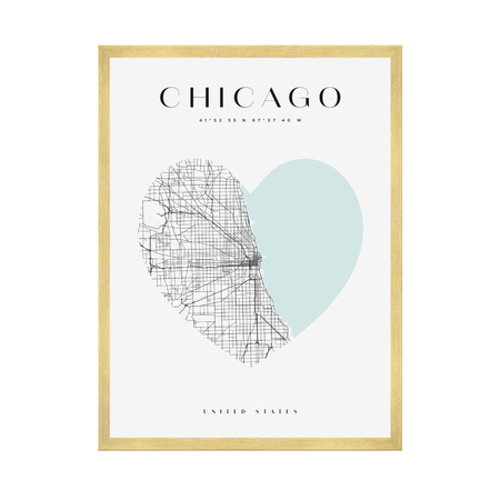 Poster Chicago map heart 40X50 cm + gold frame