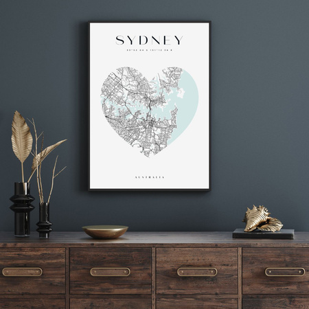 Poster Sydney city map heart 40X50 cm + gold frame