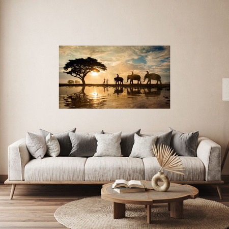 Canvas Print People on Elephants Sunset Africa Savannah 100x80 cm