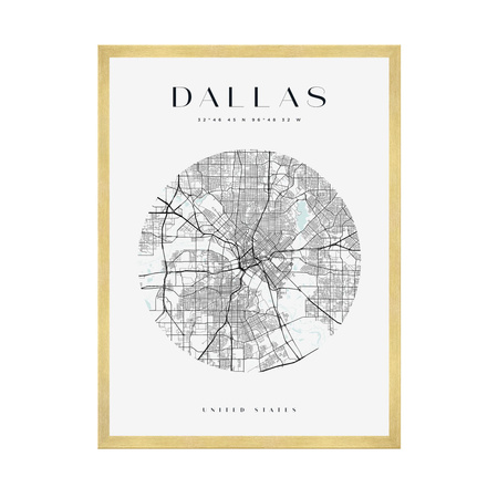 Poster Map of Dallas city circle 40X50 cm + gold frame
